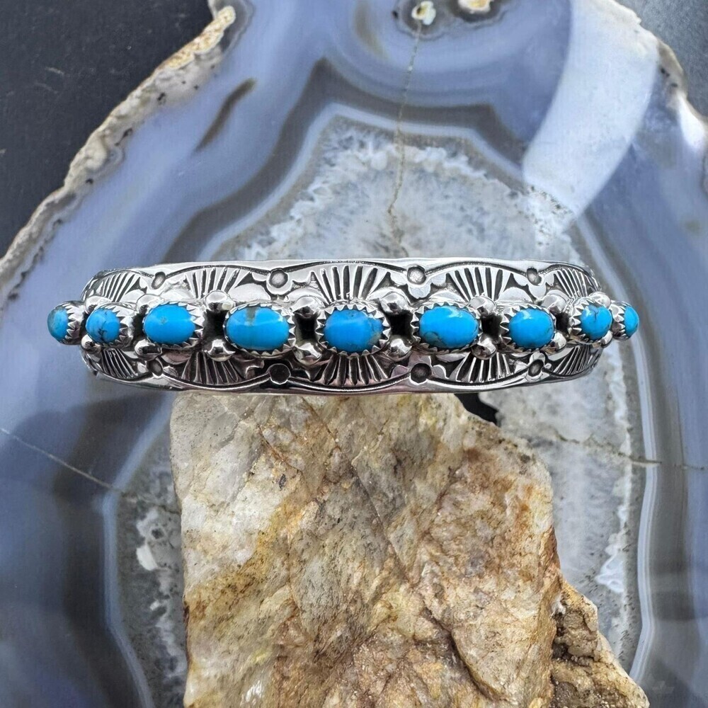 Grace Silver Sterling Single Row 9 Oval Kingman Turquoise Bracelet For Women - Picture 6 of 10